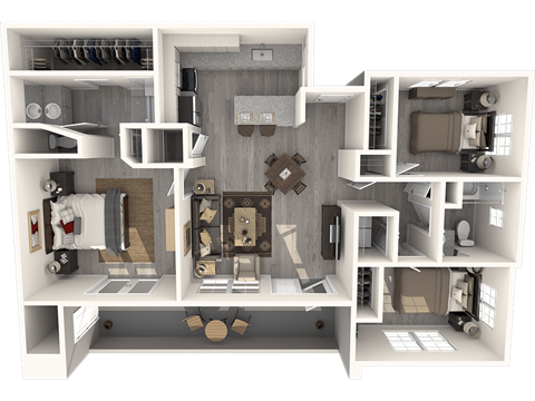 Floor plan for 3 beds, 2 baths, 1285 sqft